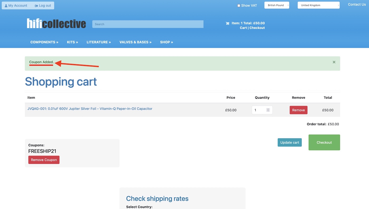 Adding to an Existing Order using the free shipping code HIFICollective